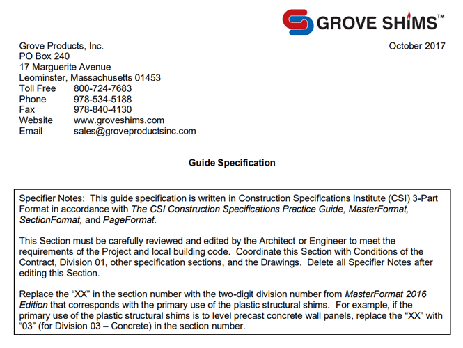 Plastic Shim Guide Specifications